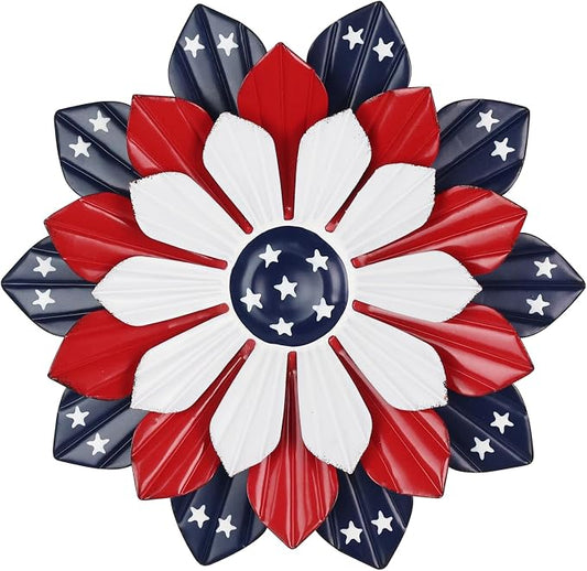 YEAHOME 4th of July Decorations Outdoor, 11" Red White and Blue Metal Flower Wall Art for Fourth of July Decor, Stars and Stripes Patriotic Decorations for Home Garden Lawn Porch