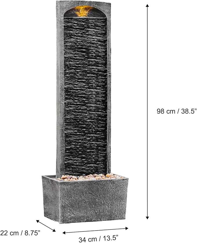 Teamson Home 38.5" Faux Slate Contemporary Outdoor LED Waterfall Fountain with Pebble Base, Gray/Black | Contemporary, Pebble Base