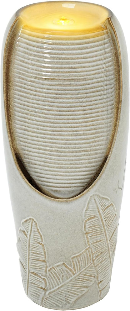 32" H Outdoor Garden Fountain with LED Lights, Modern Ceramic Jar Water Fountain, 3D Tropical Leaf Pattern, Beige Glaze, Soothing Cascading Waterfall for Relaxing Patio, Yard, Porch