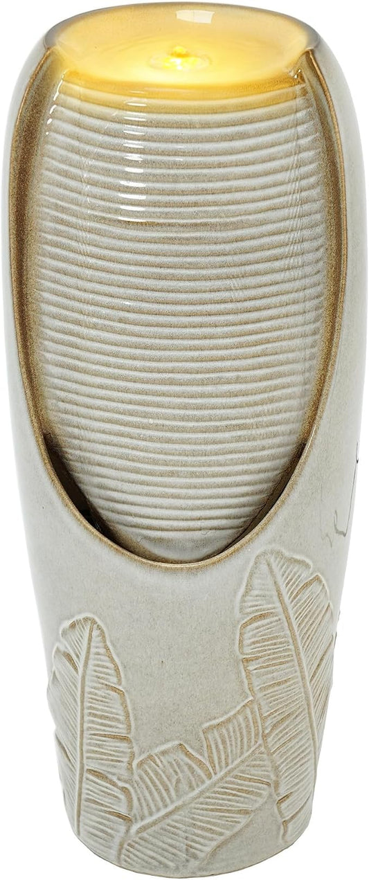 32" H Outdoor Garden Fountain with LED Lights, Modern Ceramic Jar Water Fountain, 3D Tropical Leaf Pattern, Beige Glaze, Soothing Cascading Waterfall for Relaxing Patio, Yard, Porch