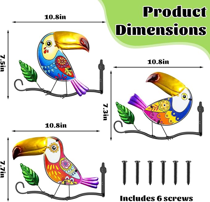 3PCS Metal Owl Wall Art Decor Hooks, 3D Colorful Stained Glass Hanger for Flower Baskets Wind Chimes Lanterns, Indoor & Outdoor wall Decor for Garden Porch Living Room Balcony(Toucan)