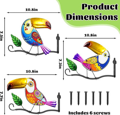 3PCS Metal Owl Wall Art Decor Hooks, 3D Colorful Stained Glass Hanger for Flower Baskets Wind Chimes Lanterns, Indoor & Outdoor wall Decor for Garden Porch Living Room Balcony(Toucan)