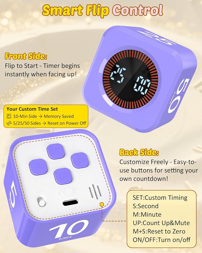 Digital Pomodoro Timer Cube 5/10/25/50min, Visual Productivity Flip Timer for Kids Classroom Desk, Custom Countdown, Silent and Sound Mode for ADHD Study Work Game Kitchen (Purple)