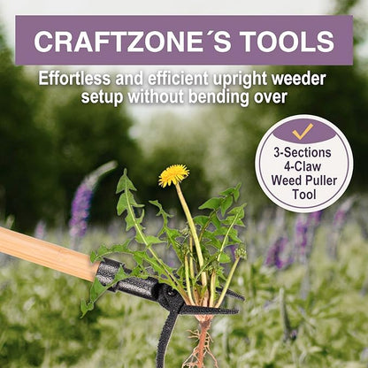 Weed Puller Stand Up Weed Puller Tool with Wooden Long Handle Foot Platform Design 4-Claw Steel Head & Removable 3-Section Pole Garden Tools-Easily Remove Weeds Without Bending or Kneeling