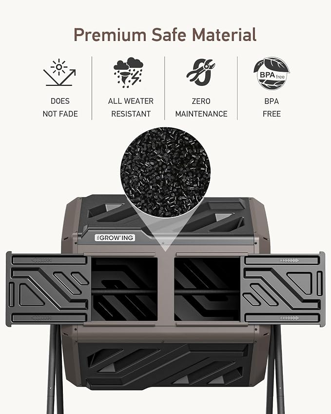 THE Growing 43 Gal Outdoor Compost Bin Tumbler for Backyard Garden, Brown | Twin 21.5gal chambers blend with landscapes. Pre-embedded nuts for fast setup. Durable resin deters pests and bad odors.