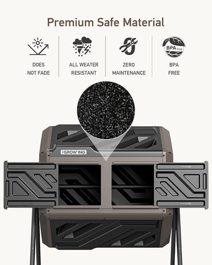 THE Growing 43 Gal Outdoor Compost Bin Tumbler for Backyard Garden, Brown | Twin 21.5gal chambers blend with landscapes. Pre-embedded nuts for fast setup. Durable resin deters pests and bad odors.