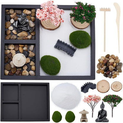 WEBEEDY Mini Zen Garden Kit for Desk, Japanese Mini Sand Box Set DIY Desktop Meditation Set Includes Sand, Buddha Statue & Rake for Home Office Desk Yoga Zen Decor Spiritual Gift, 8.5x6.8 Inch
