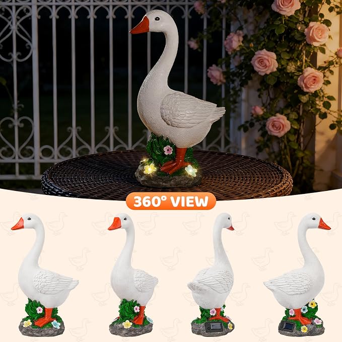 Large Porch Goose Statue with Solar Garden Light,20 Inch Realistic Hand-Painted Goose Sculpture, All-Weather Resin Outdoor Decor for Garden, Yard, Patio, Fits Standard Goose Porch Duck Outfits,White