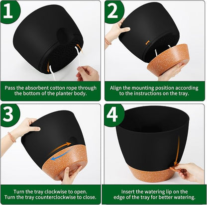 GARDIFE 12 inch planters, Plant Pots,Self Watering Pots, 2 Pack Large Plastic Flower pots with Deep Reservior and High Drainage Holes for Indoor Outdoor Plants and Flowers, Black
