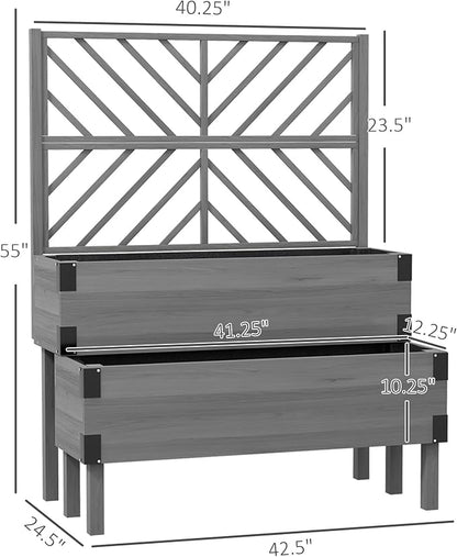 Outsunny 2-Tier Raised Garden Bed with Trellis, Wooden Elevated Planter Box with Drainage Holes, Liners, Metal Corners, Trellis Planter for Climbing Plants, Flowers, Herbs, 42.5" x 25.5" x 55", Gray