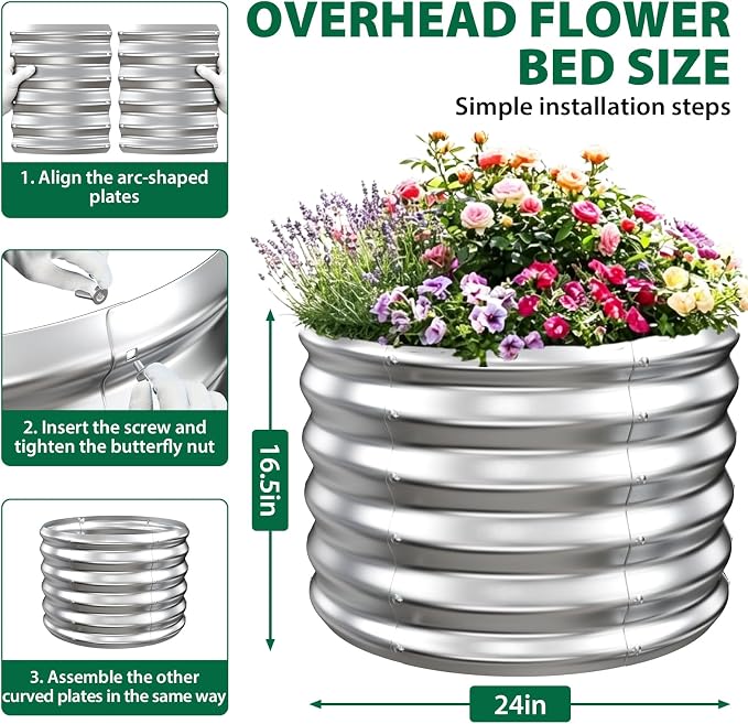 24" Diameter Round Raised Garden Bed - 17 Inch Tall, Heavy-Duty Galvanized Steel Planter Box with Wave-Shaped Panels for Vegetables, Herbs & Flowers (1, Silver, 24 Inch Diameter)