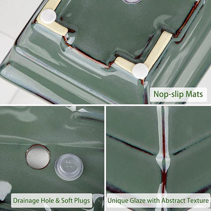 Ceramic Bonsai Pots with Drainage Trays Set of 2, Green Glazed Bonsai Planters for Indoor/Outdoor Use, Rectangular Shallow Bonzai Tree Pot for Succulent, Orchids, Cacti, Home, Patio, Garden, 7.5"x5.5"