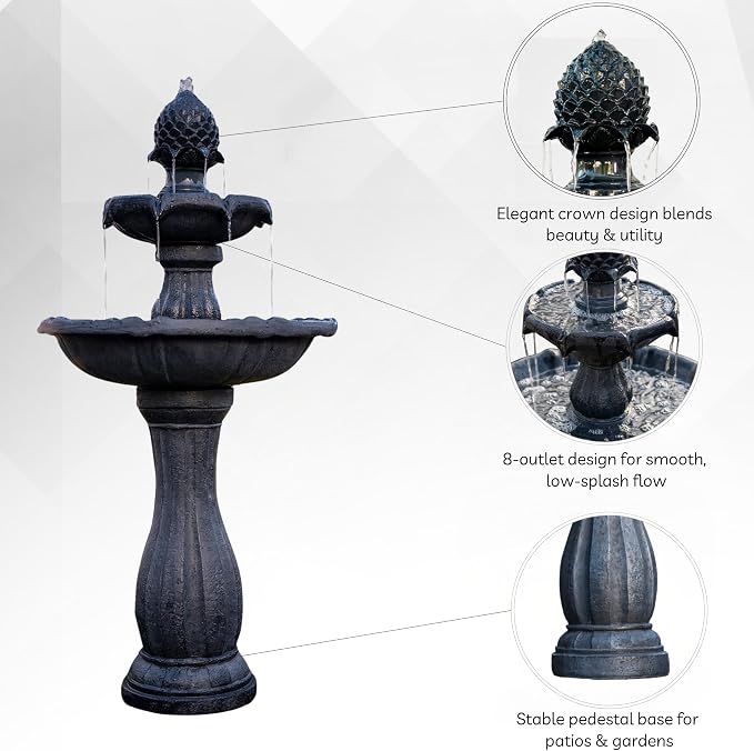 XBrand 44" Solar Powered Outdoor Fountain, Elegant 2-Tier Cascading Water Feature, Fiberglass Resin Garden & Patio Fountain with Solar Panel - Black