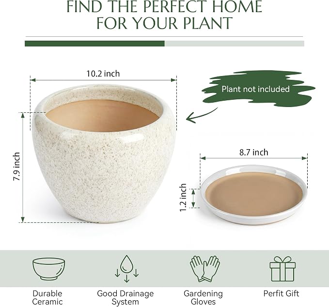 10.2 Inch Ceramic Planter with Saucer Leak-Proof Mesh &Drainage, Round Plant Pot with Gardening Gloves for Indoor Outdoor Plants