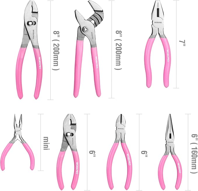WORKPRO 7-Piece Pliers Set - Pink Ribbon | Groove Joint Plier, Long Nose Plier, Slip Joint Pliers, Linesman Pliers, Diagonal Pliers for DIY & Home Use