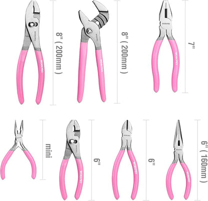 WORKPRO 7-Piece Pliers Set - Pink Ribbon | Groove Joint Plier, Long Nose Plier, Slip Joint Pliers, Linesman Pliers, Diagonal Pliers for DIY & Home Use