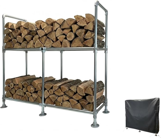 6ft Heavy Duty Tall Firewood Rack with Dual-Tier Structural Design | Constructed with Galvanized Steel Pipes and Featuring a Firewood Rack Cover,Load-bearing Capacity 3,500 lbs,Indoor/Outdoor