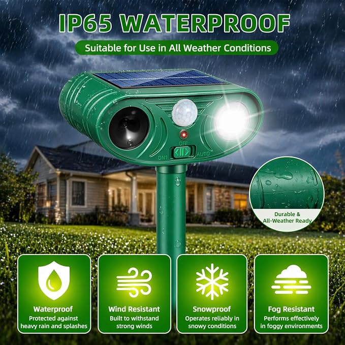 Solar Ultrasonic Animal Repellent Activated Deterrent for Deer | Cat, Squirrel, Raccoon, Rabbit & Bird, Waterproof Outdoor Animal Repeller with LED Strobe for Yard, Garden & Orchard