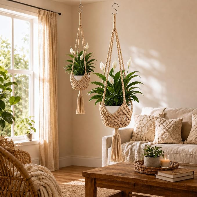 Shappy 2 Pack Boho Macrame Plant Hanger, Large Hanging Planter Plant Holder Pot Hanger Hanging Basket Wall Planters, Plants Lover Gift for Indoor Garden (Spiral Knot,Jute Color)