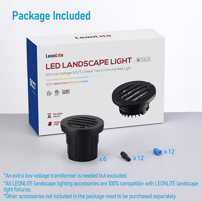 LEONLITE 6-Pack Dia. 4 Inch 5CCT Well Light Grated Top Black | 1800K/2700K/3500K/4000K/5000K, 12-24V AC/DC, CRI90, Landscape LED In Ground Outdoor, Low Voltage Garden Landscaping, Aluminum