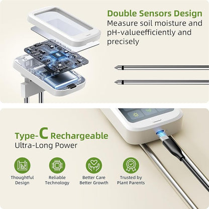 6-in-1 Soil Test Kit, pH/Humidity/Moisture/Temperature/Conductivity/Illuminance Soil Meter for Indoor & Outdoor, Soil Tester with Bluetooth Connectivity, Garden Tools for Plant Lover