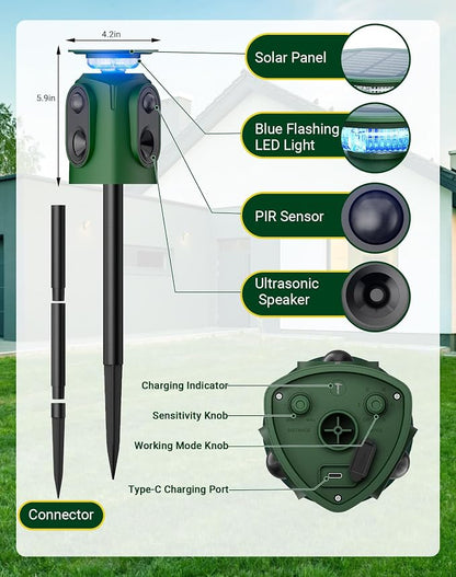 2 Pack 360° Solar Deer Repellent Devices, Ultrasonic Animal Repeller with Motion Sensor & LED Lights, Waterproof Cat Repellent Outdoor, Repel Dog, Raccoon & Coyote Out of Garden - USB Rechargeable