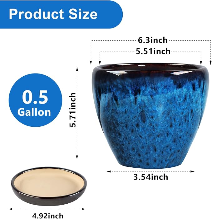 Ceramic Plant Pots with Saucer, 6 inch Glaze Planters for Indoor Plants with Drainage Holes, Decorative Small Flower Pots Outdoor, Modern Succulent Pots for Home Room Decor