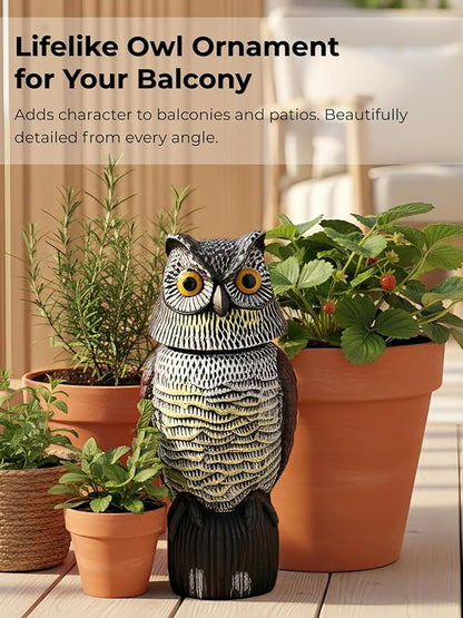 Garden Fake Owl Sculpture with 360° Rotating Head, Waterproof Moving Garden Owl, Outdoor Statue for Yard Patio Balcony Roof Barn Driveway
