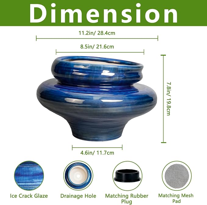 Ceramic Pots for Plants - 11 Inch Ceramic Planter for Indoor Outdoor, Unique Planters with Drainage Hole, Decorative Flower Pot, House Office Garden Decor, Plants Lover Gifts, Blue