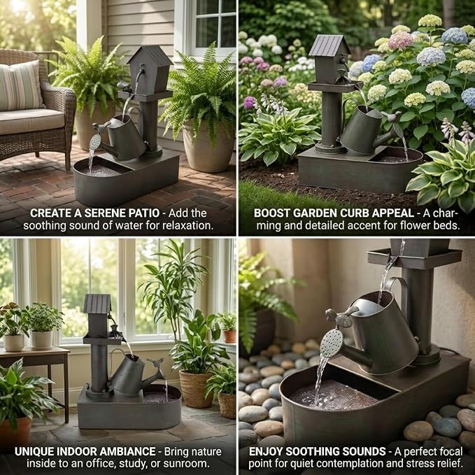 3-Tier Outdoor Fountain 23" Rustic Waterfall Garden Patio Decor | Heavy Duty Rustproof Metal Garden Water Features with Pumb & Debris Filter Screen, Rustic Indoor Outside Soothing Water Flow