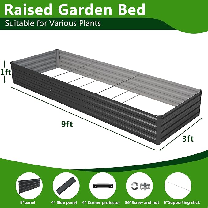 2PCS 9x3x1ft Galvanized Raised Garden Bed,Outdoor Planter Box Metal Patio Kit Planting Bed for Vegetables Flowers Herb,Black