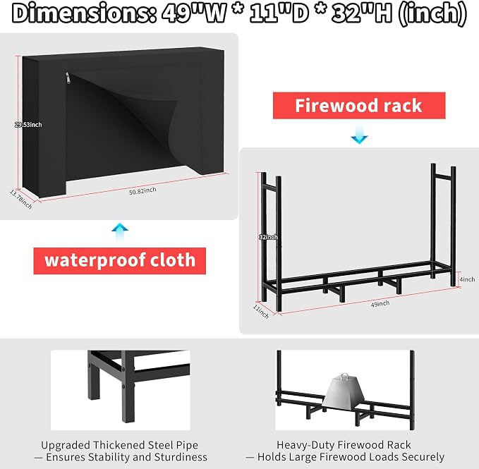DIAMONDFORGE 4ft Firewood Rack Outdoor with Cover, Heavy Duty Fire Wood Stand, Metal Firewood Rack Indoor, Firewood Holder Storage, Log Wood Pile Racks Stand for Patio, Garden, Backyard, Matte Black