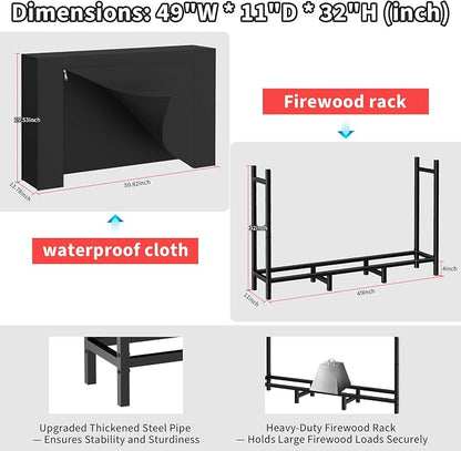DIAMONDFORGE 4ft Firewood Rack Outdoor with Cover, Heavy Duty Fire Wood Stand, Metal Firewood Rack Indoor, Firewood Holder Storage, Log Wood Pile Racks Stand for Patio, Garden, Backyard, Matte Black