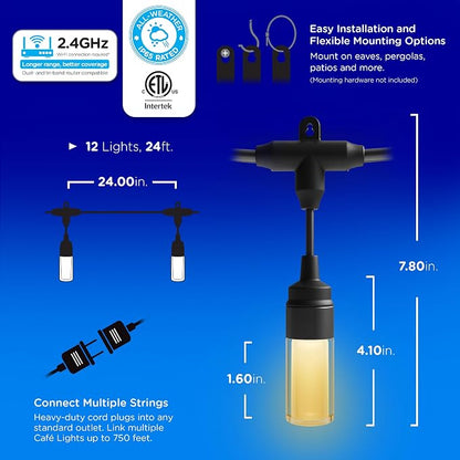Enbrighten Vibe Modern Outdoor String Lights, 24ft, 12 RGBWIC Acrylic Bulbs, Weatherproof, Perfect for Gameday, Holidays, and More, Smart App Control, Compatible with Alexa, Google Home, 84014