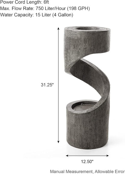 Glitzhome Outdoor Water Fountain with LED Light, Spiral Outdoor Fountain Waterfall with Stone Planter, Modern Curved Freestanding Fountain Water Feature for Garden Patio Backyard, 31.3" H