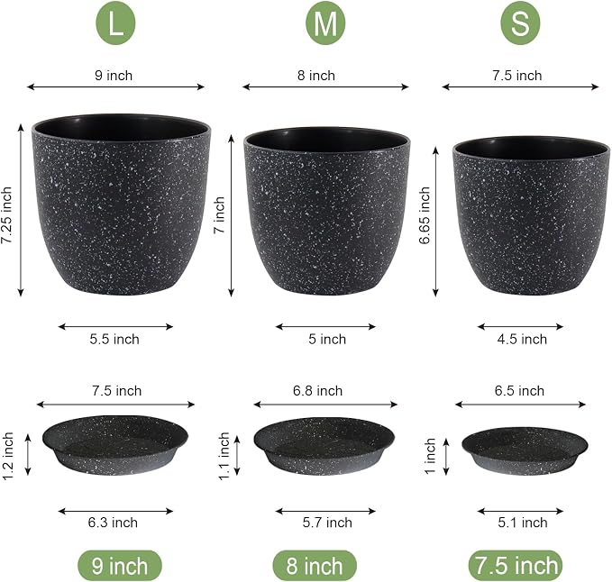 WSMKSZ 9/8/7.5 inch Plant Pots, Set of 3 Modern Decorative Plastic Planters with Drainage Holes and Saucer for Garden House Plants, Flower Pots for Indoor Outdoor Plants, Speckled Black