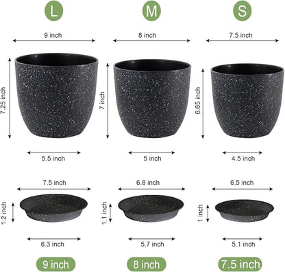 WSMKSZ 9/8/7.5 inch Plant Pots, Set of 3 Modern Decorative Plastic Planters with Drainage Holes and Saucer for Garden House Plants, Flower Pots for Indoor Outdoor Plants, Speckled Black