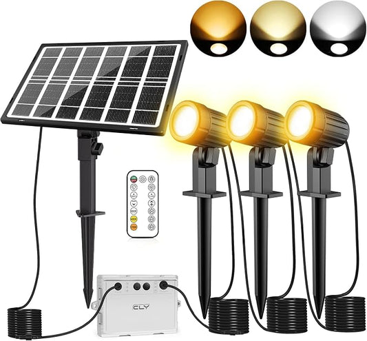 Cly Solar Landscape Spotlights, Solar Lights Outdoor IP66 Waterproof, Remote Control 2 Dynamic Modes 3 Brightness Adjustable 2700-6500K Auto On/Off 11M Cable for Garden Pathway Trees Flag 3 in 1