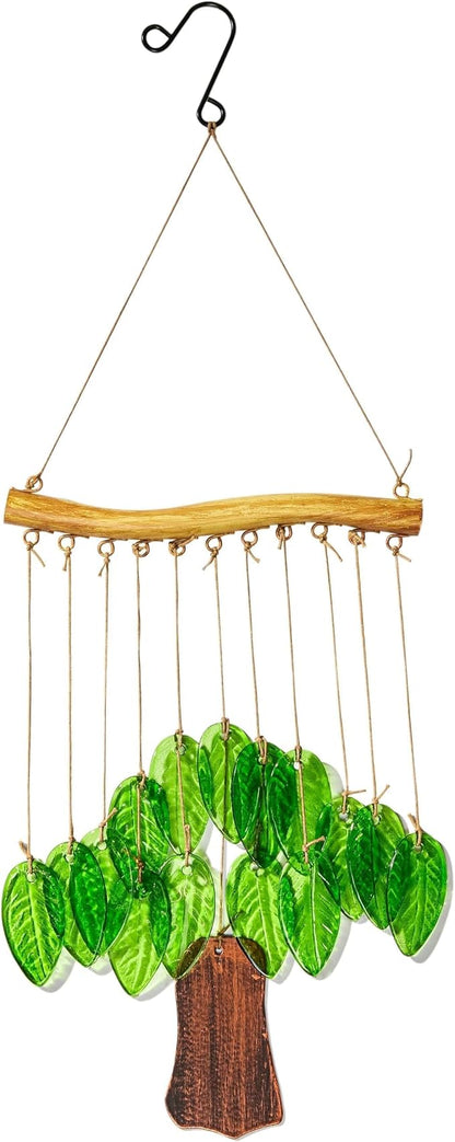 YU FENG Glass Wind Chime, Green Leaf Hanging Decor for Garden & Patio | Handcrafted leaf design, iron wood-look hanging bar, metal chime accents, window hanging ornament, outdoor home decoration