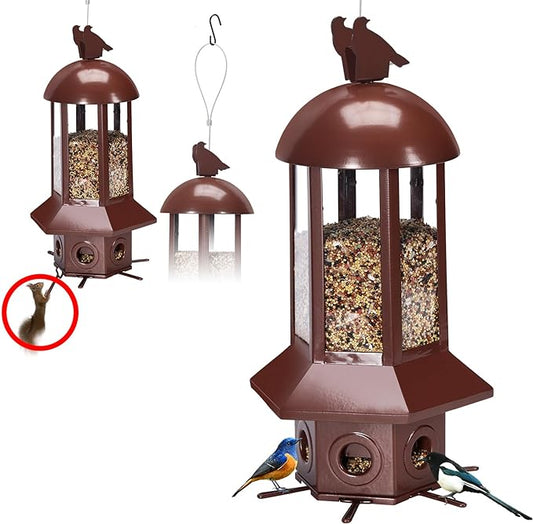 Squirrel Proof Bird Feeders, 5lbs Heavy Duty Metal (Brown) | Weight-activated mechanism bird feeders for outdoors, 6 Chew-proof feeding ports