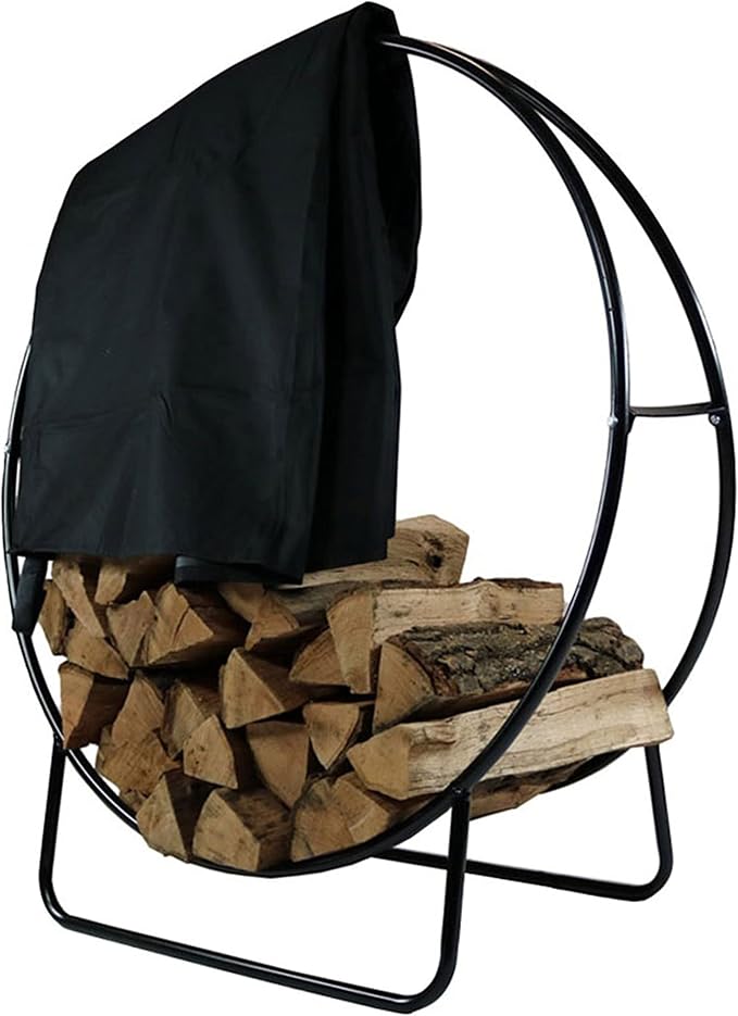 Sunnydaze 40-Inch Firewood Rack with Cover - Black Indoor Firewood Holder - Log Holder Hoop and Cover Set - 500-lb Capacity