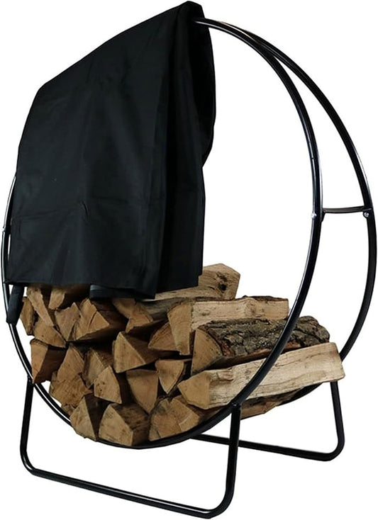 Sunnydaze 40-Inch Firewood Rack with Cover - Black Indoor Firewood Holder - Log Holder Hoop and Cover Set - 500-lb Capacity