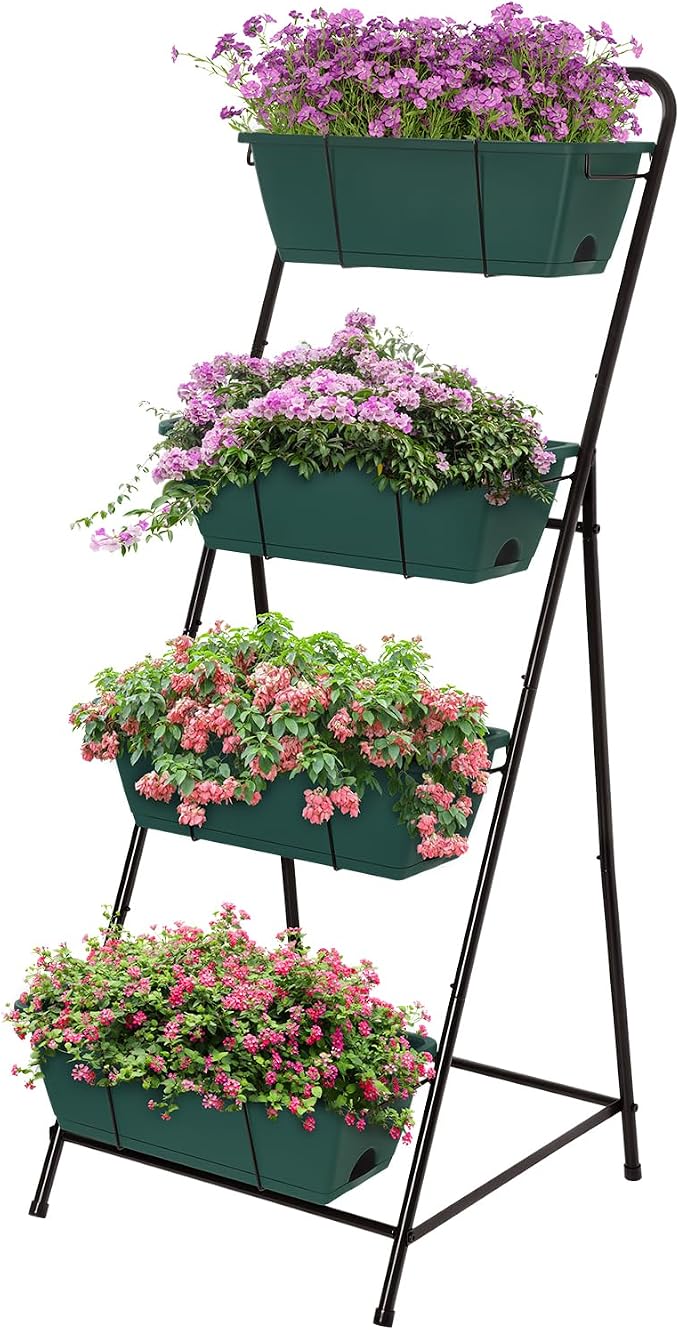 Vertical Raised Garden Bed 4 Tier Garden Planter for Outdoor Plants Standing Garden Planters with Drainage Holes Removable Tray for Herbs Flowers Vegetables Plants (Green)