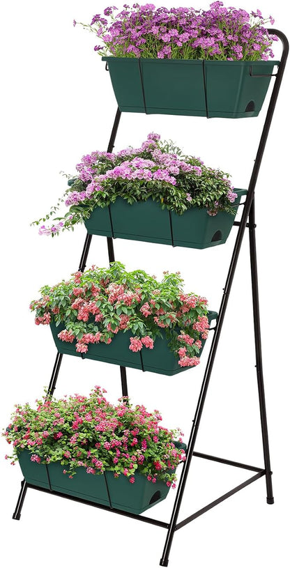 Vertical Raised Garden Bed 4 Tier Garden Planter for Outdoor Plants Standing Garden Planters with Drainage Holes Removable Tray for Herbs Flowers Vegetables Plants (Green)