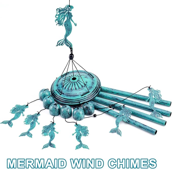 Mermaid Wind Chimes for Outside/Indoors, Mermaid Gifts for Women Mom Grandma, Aluminum Tubes Windchimes S Hook, 37" Wind Chime Hanging Decor for Home Patio Garden Porch Yard (Blue-Mermaid)