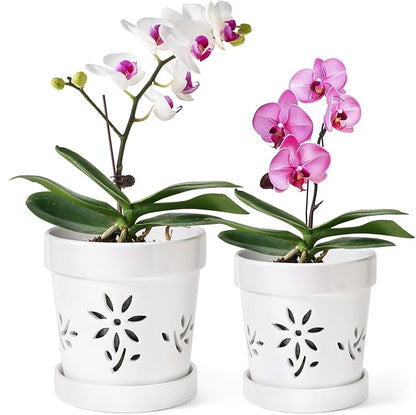 STHIE Small Orchid Pots with Holes 5 Inch & 6 Inch, Ceramic Orchid Pots for Repotting, 2 Pack Breathable Slotted Orchids Planter, White Flower