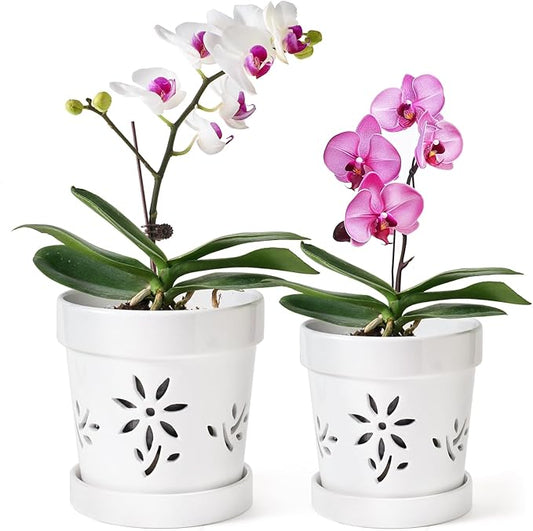 STHIE Small Orchid Pots with Holes 5 Inch & 6 Inch, Ceramic Orchid Pots for Repotting, 2 Pack Breathable Slotted Orchids Planter, White Flower