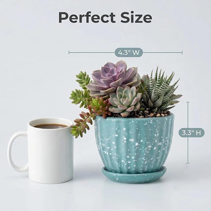 4 Inch Ceramic Indoor Succulent Plant Pots with Drainage Holes and Saucers, Bonsai Planter for Succulent, Cactus, Small Flowers (Green)