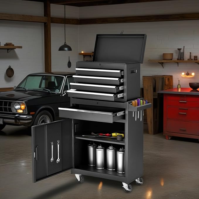 Tool Chest, 5-Drawers Rolling Tool Storage Cabinet with Lockable Wheels, Detachable Top, Adjustable Shelf & Locking Mechanism, Multifunctional Tool Cart for Garage Warehouse, Black