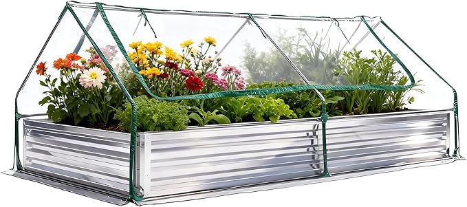 DUMOS Galvanized Raised Garden Bed with Cover, 8x4x1ft Metal Planter Box Outdoor for Deep-Rooted Vegetables Flowers Herbs, Garden Bed Mini Greenhouse for Patio Balcony Backyard, Open Bottom, Clear